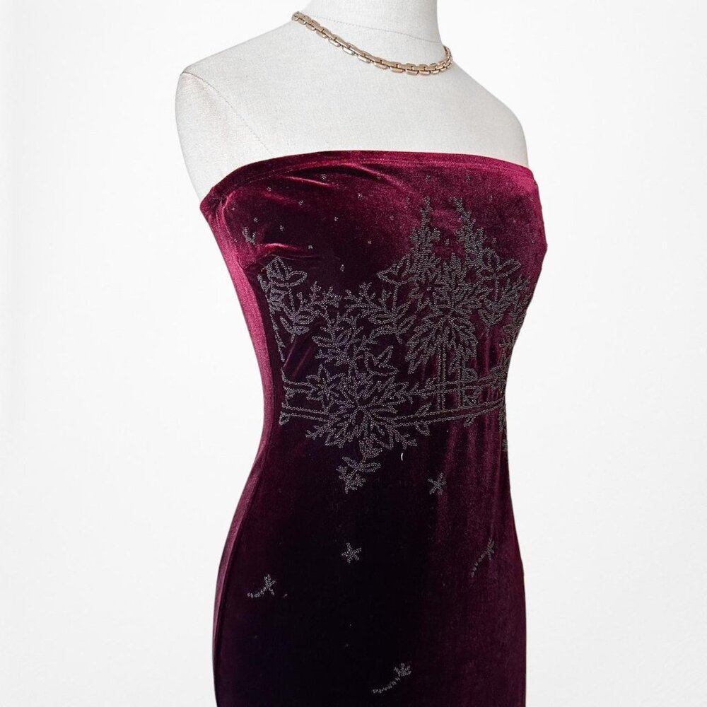 Vintage Burgundy Red Beaded Velvet Knit Maxi Bodycon Strapless Prom Dress Size S - Picture 6 of 7